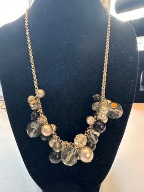 Silver-Tone Cluster Necklace with Black, Silver and Rhinestone  Beads